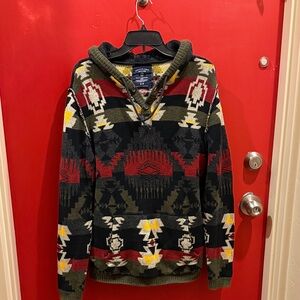 American Eagle Men's V-Neck Sweater with Red, Yellow, and Green Patterns